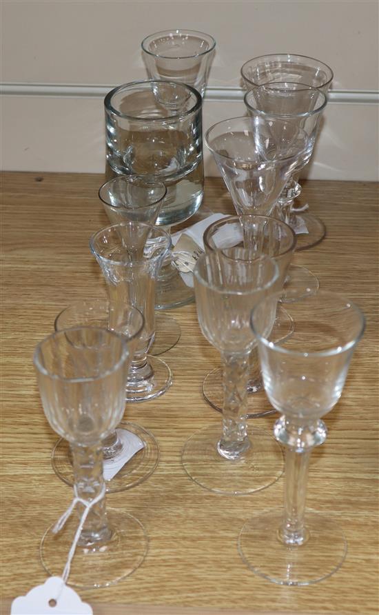A small hop and barley ale flute, circa 1800 and eleven other glasses